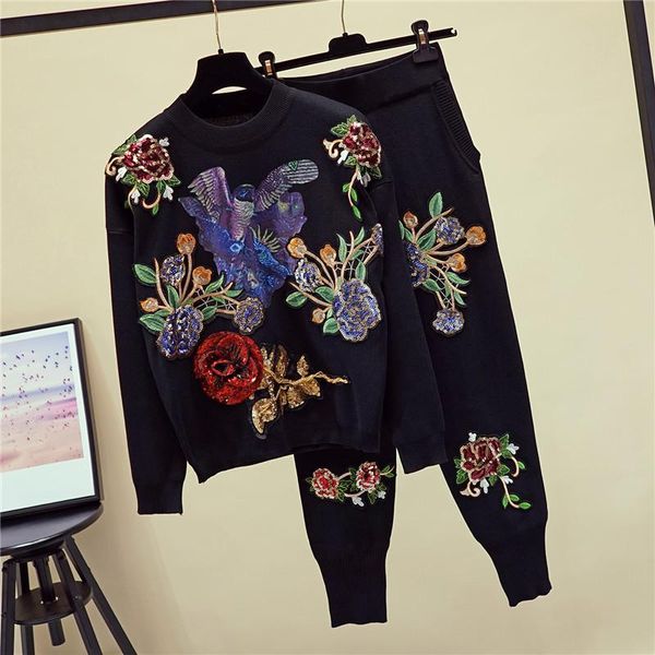 

women's two piece pants autumn black knitted set women manual sequins flowers knit sweater pencil outfits female loose casual suit 2pc, White