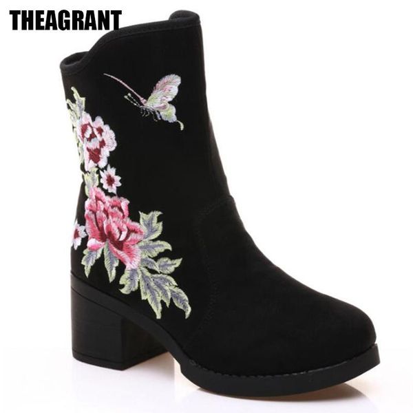 

boots theagrant embroidered ankle winter vintage flower fur women flock comfort thick heel shoes plus size wbs885, Black
