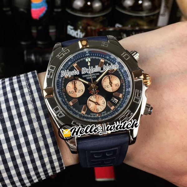 

new 44mm chronograph b01 cb0110121 quartz mens watch satch blue dial rose gold case blue rubber strap sport watches hello_watch, Slivery;brown