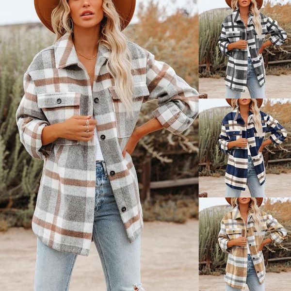 

women's wool & blends cross-border 2021 independent station wish amazon autumn and winter long sleeve loose plaid shirt woolen coat for, Black