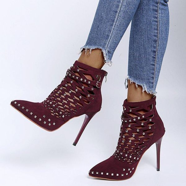 

sandals european american hollow rivet high heel women pointed high-roman woman shoes sandalias de mujer, Black