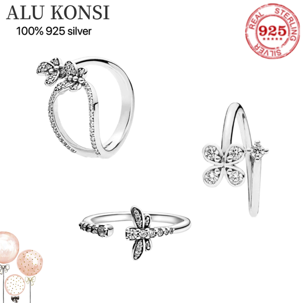 

fit original real 100% 925 sterling silver pan ring butterfly and flower for women wedding couple rings diy jewelry, Slivery;golden