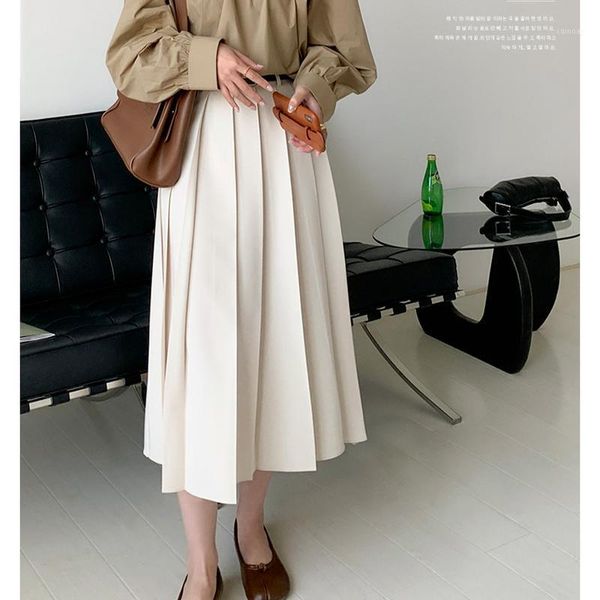 

korean high waist elastic mid-length casual pleated skirts solid simple fashion faldas all match sweet elegant woman, Black