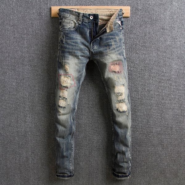 

2021 new american streetwear fashion retro washed slim fit cotton denim pants hombre classical ripped men hip hop jeans ytnf, Blue