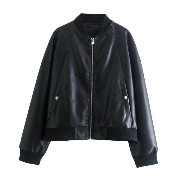 

women's jackets zxqj women 2021 fashion artificial leather bomber coat retro long sleeve pocket decoration ribbed hem jacket chic, Black;brown