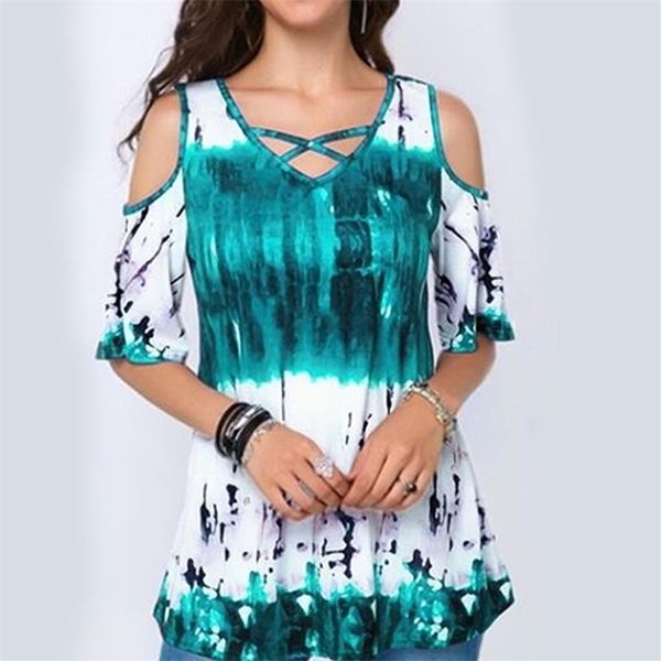 

summer fashion women's cotton off shoulder casual loose short sleeve print t-shirt lady plus size party tee v neck 210315, White