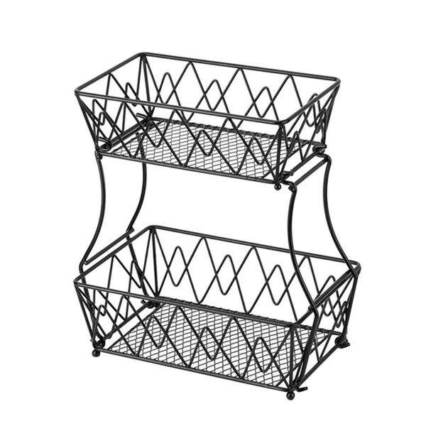 

storage baskets 2-tier fruit basket drain bread kitchen screws detachable rack large capacity modern iron art black holder