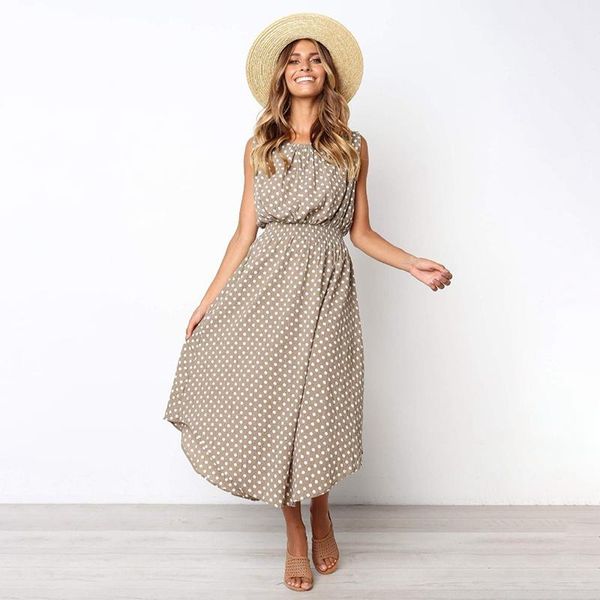 

casual dresses women vintage dot print mid-calf dress sleeveless o-neck big hem robe ladies fashion loose beach pullvoer, Black;gray