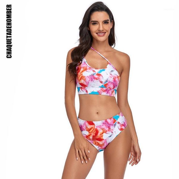 

high waist bikinis 2021 one shoulder swimsuits women tie-dye printing beachwear sports ribbed bathing suits swimwear women's, White;black