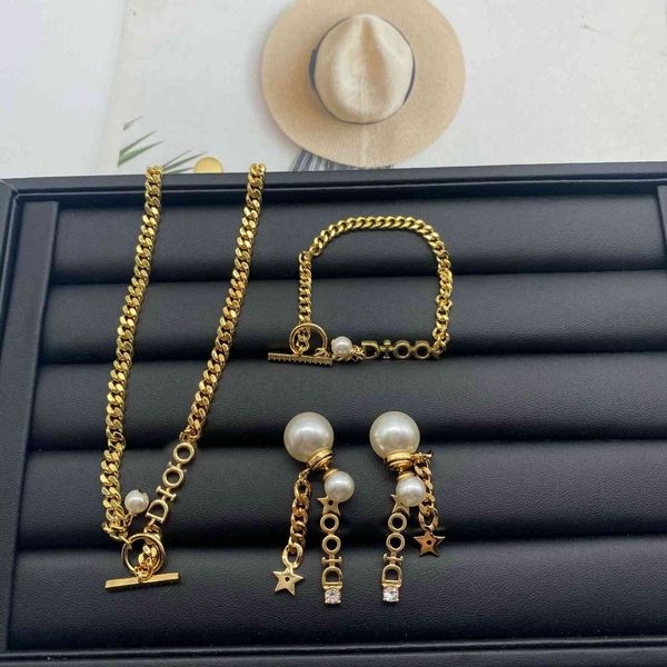 

designer jewelry high version simple necklace neck chain di family pearl cd letter star inlaid chain earrings female, Silver