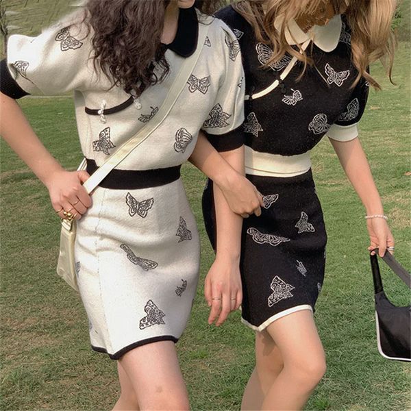 

2021 summer autumn butterfly vintage knitted two piece skirt sets women short sleeve + elastic waist a-line mini skirt suits femme, White