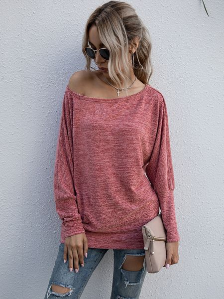 

autumn and winter new one line collar long sleeve backing t-shirt casual sweater blouse women, White