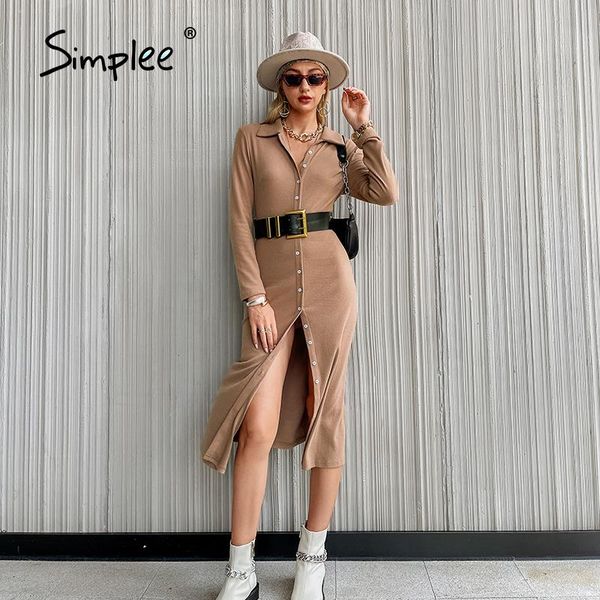 

casual dresses simplee high street buttons solid women winter dress khaki long sleeves shirt collar slim female lapel vestido 2021, Black;gray