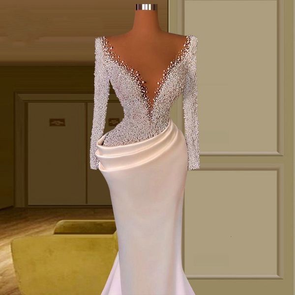 

pearls new dubai long sleeve mermaid wedding es 2021 deep sheer v neck satin bridal gowns vestidos de mairee custom made dd9a, White