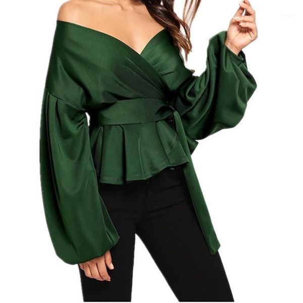 

women's blouses & shirts women v neck polyester ruffle long sleeve female blouse tie waist elegant off shoulder casual, White