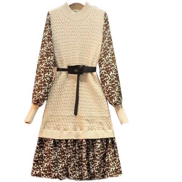 

casual dresses plus size women's women dress autumn knitted stitching floral skirt lace round neck lantern sleeve fake two-piece, Black;gray