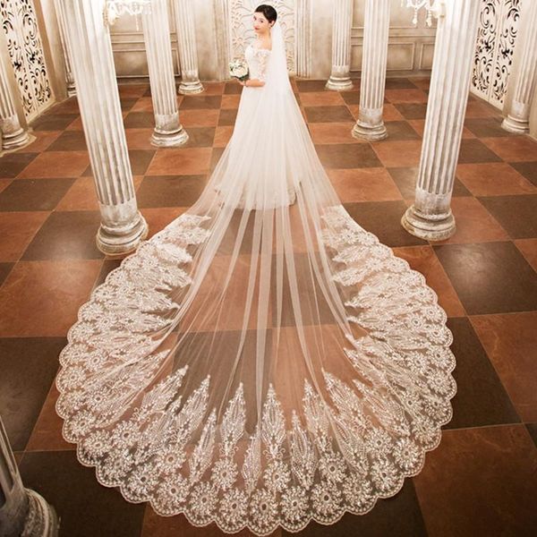 

bridal veils lan ting bride wedding veu de noiva lace 3m long ivory white one layers tulle, Black