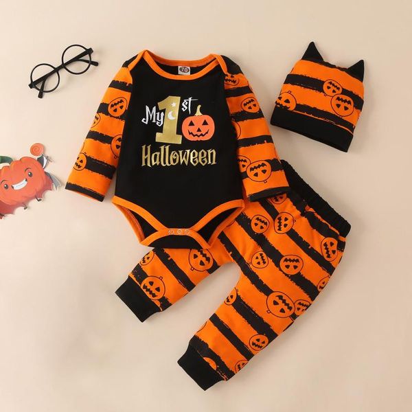 

clothing sets my 1st halloween infant baby girls pumpkin day costumes letter printed romper bodysuit+striped pants outfits, White