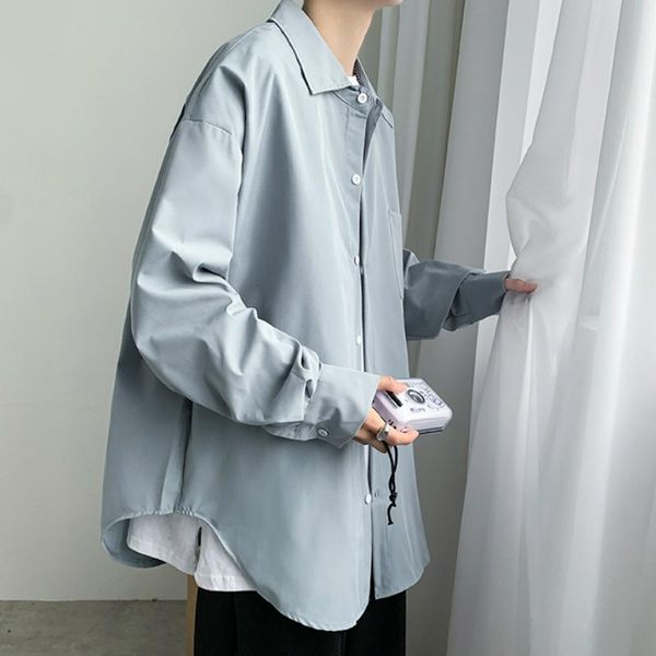 

men's casual shirts men single breasted turn-down collar long sleeve solid simple japanese style fashion harajuku male clothing bf, White;black