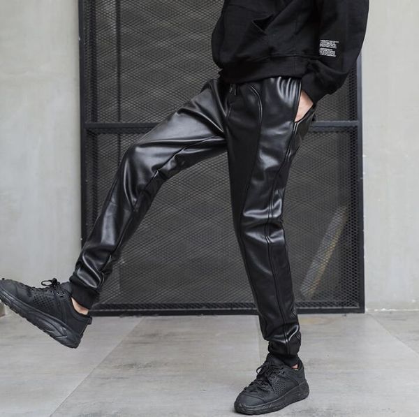 

pantalones de cuero hombre faux leather pants mens feet pants motorcycle loose harem trousers for men personality black spring