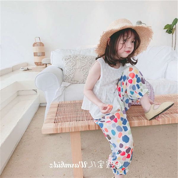 

loose girls' straps, suit with and colorful capris 21 summer new children's wear, 3-8 years old, White
