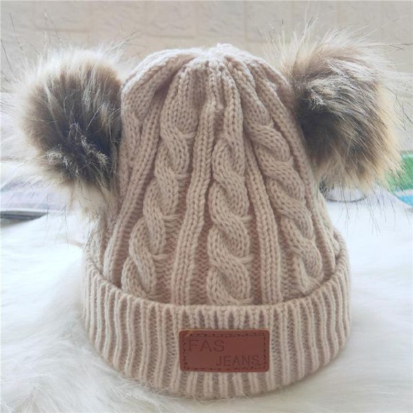 

beanie/skull caps children's double hair ball woolen hat knitted twist baby set labeling head, Blue;gray
