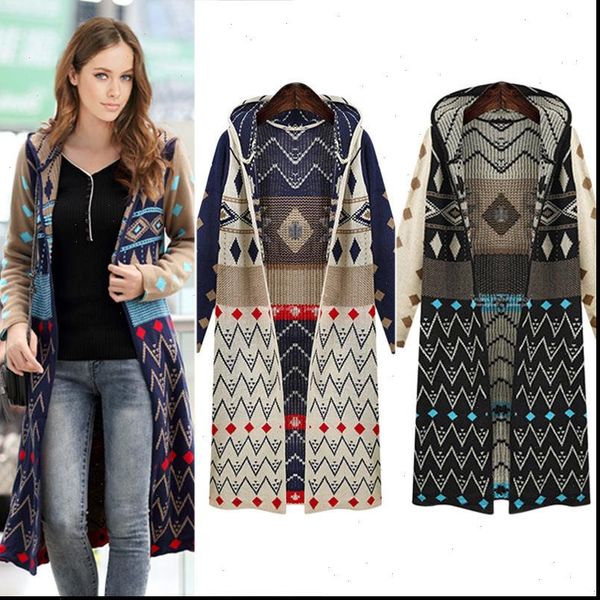 

ladies long knitted cardigan loose casual hooded geometric jacket coat boho sweater ing, White;black