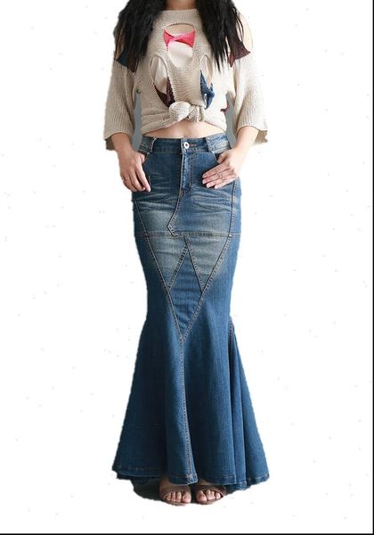 

big fish tail denim skirt women stretchy long skirt floor length patchwork mermaid denim skirt trumpet vintage high waist jeans, Black