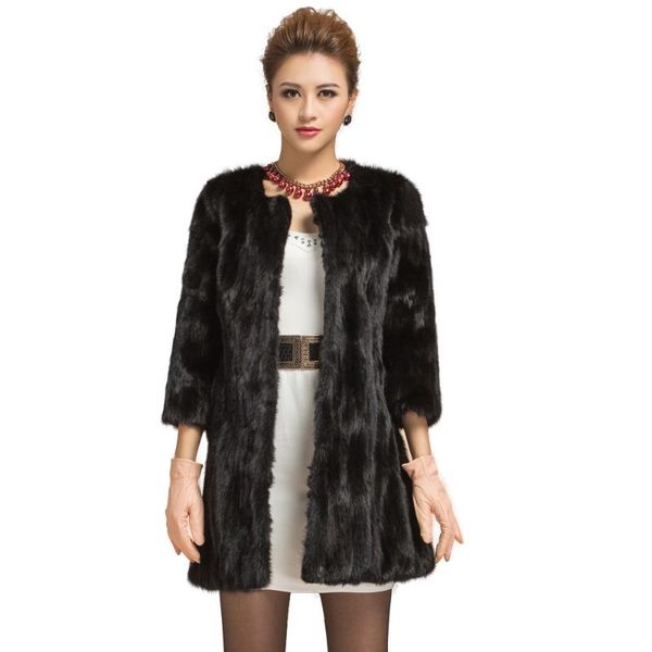 

women's fur & faux mink coats women natural female long real coat winter genuine jackets ladies warm oversize clothes, Black