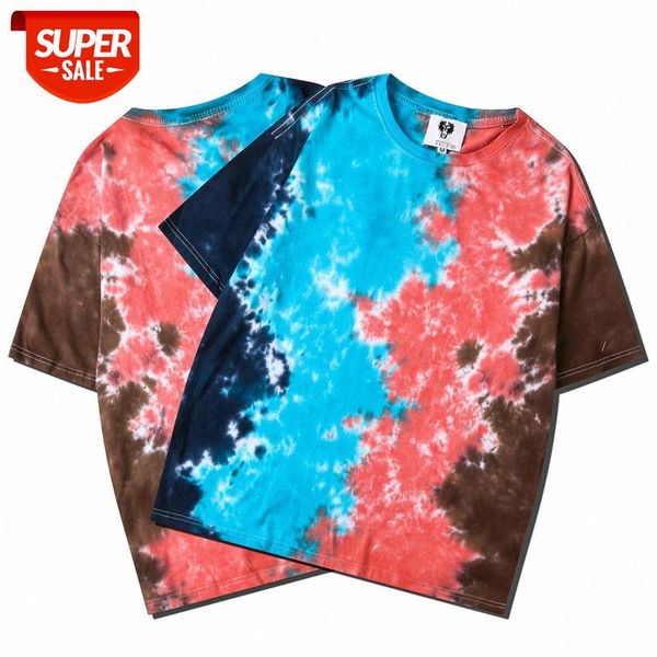 

men's color tie-dye round neck pullover female couple youth street hip-hop short-sleeved t-shirt #rx8r, White;black
