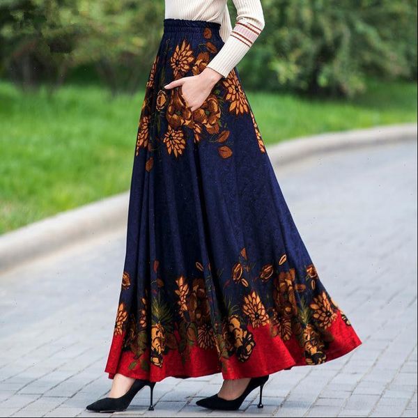 

elegant floral print high waist maxi skirt women flower vintage long pleated skirts female plus size clothes, Black