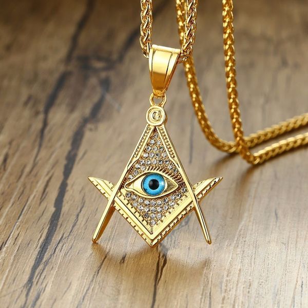 Zorcvens -mason of Providence Illuminati Pyramid Все, видя глазные подвески для мужчин из нержавеющей стали CZ CZ Камень панк ожерелье