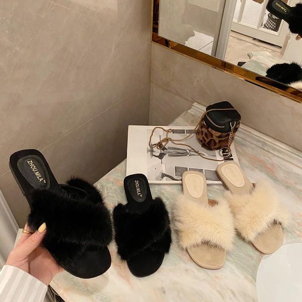 

fur furry slide sweet wedges bottom beach shoes real mink flip flops women home summer slippers outside shoes faux fur flat, Black