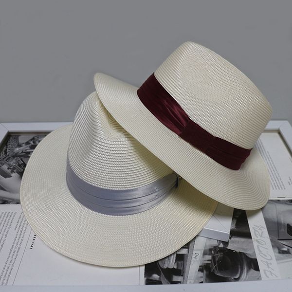 

2021 new summer straw fedora panama beach sun hat packable 3pey, Blue;gray
