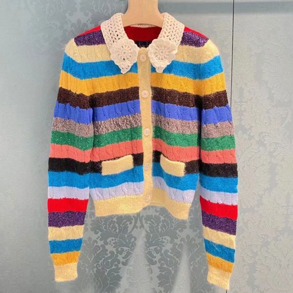 

miu family rainbow sweater baby collar color matching sweater stripe twist cardigan coat blouse winter new0, White