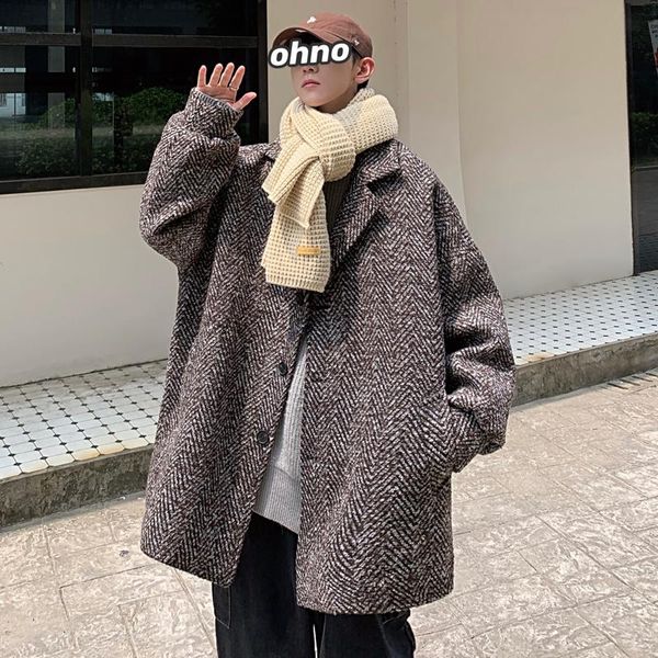 

men's wool & blends winter mid-length woolen coat men warmth fashion retro striped korean loose oversized mens overcoat, Black