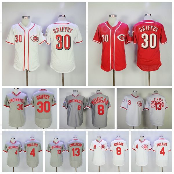

1976 retror baseball vintage 8 joe morgan jersey 13 dave concepcion 30 ken griffey 4 brandon phillips retire pullover team red white grey, Blue;black