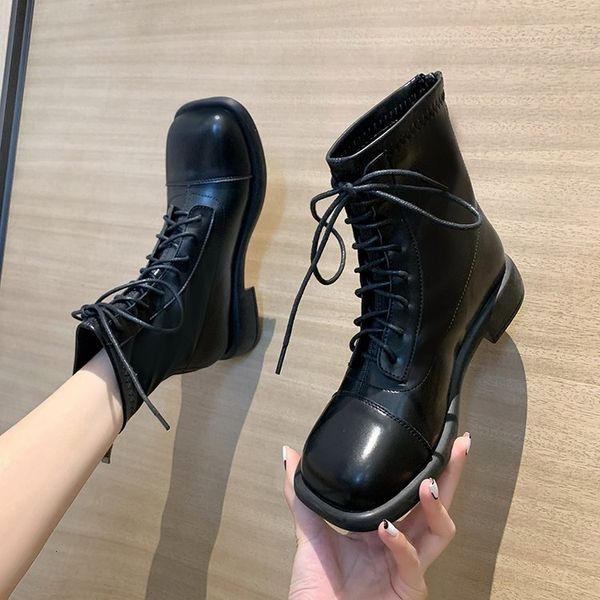 

boots style square head fashion thick medium tube boots trend british casual women's size large 5s3j, Black
