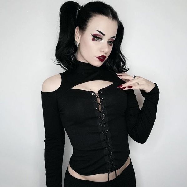 

women's t-shirt retro solid lace-up turtleneck off-the-shoulder long sleeve ripped slim base high street jumper tees, White