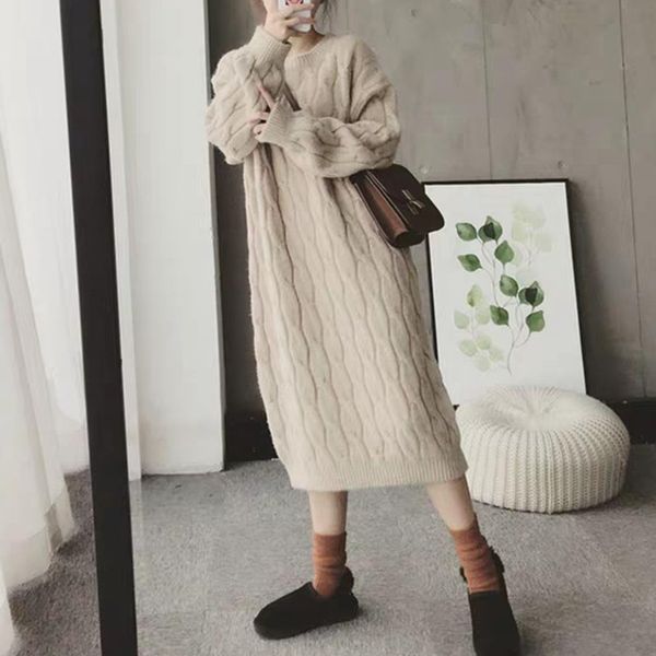 

2021 new autumn woolen knitted jumpsuit winter long sleeve knee length round neck sweater qx7x, White;black