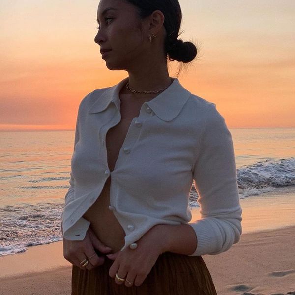 

women's knits & tees lapel woolen pearl buckle stitching cardigan spring 2021 fashion temperament slim long-sleeved casual simple s, White