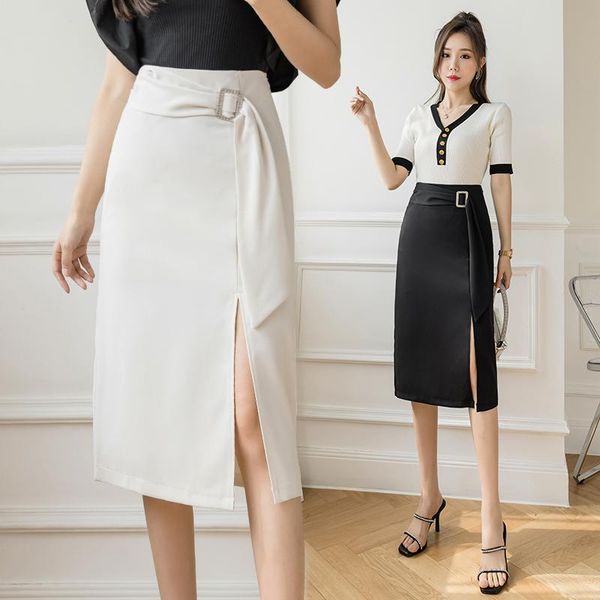 

skirts white split women's summer 2021 korean elastic waist hip, Black