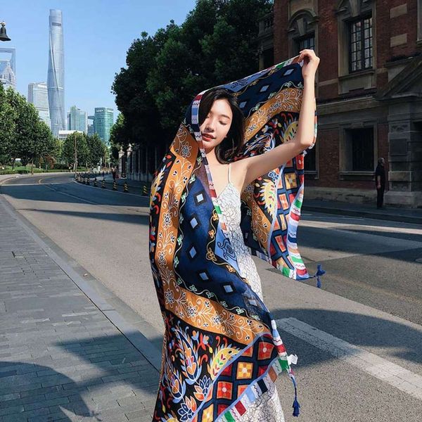 

new ethnic wind female tassel printing large shawl spring and summer travel scarf seaside holiday sunscreen beach, Blue;gray