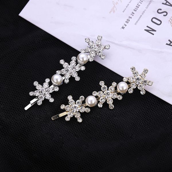

style diamond clip snowflake pearl hairpin net red banger hairpin, Golden;silver