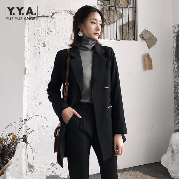 

spring double breasted suit jacket straight pants office ladies black suits two piece set women blazers trousers matching sets, White