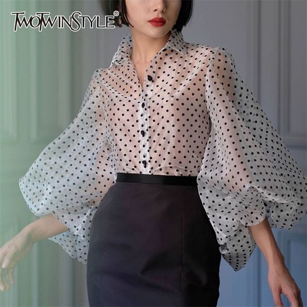 TWOTWINSTYLE Vintage Polka Dot Lange Puffärmel Damen Tops und Blusen Plus Size Sheer Shirts Sommerkleidung Damen Koreanisch 210302