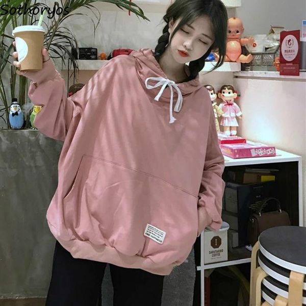 

women's hoodies & sweatshirts women hooded patchwork loose all-match pullover simple chic trendy leisure drawstrings korean style front, Black