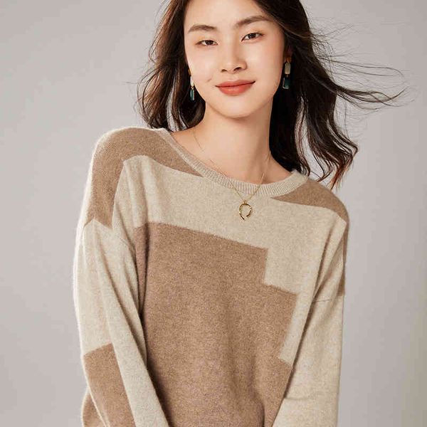 

women's sweaters female sweater knitting round collar, elegant woman's colored contrast pure wool 7czy, White;black