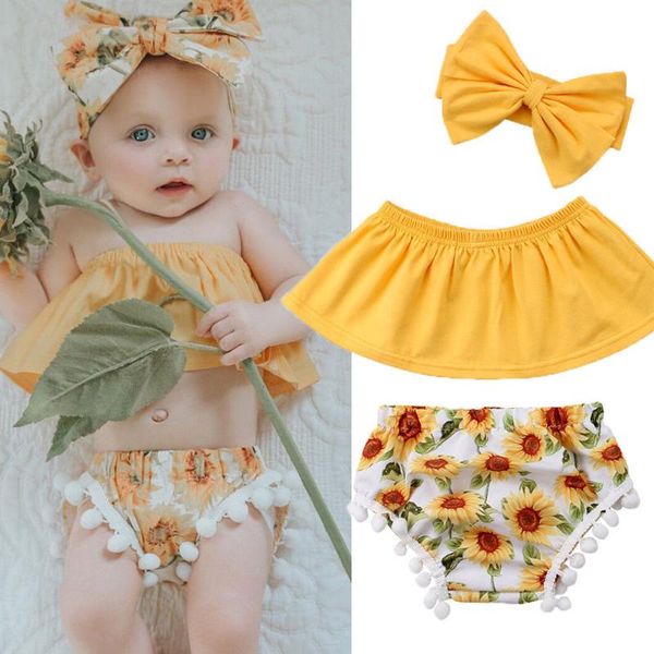 

clothing sets 3pcs born infant baby girl summer clothes set off shoulder sunflower tassel shorts headband outfit, White