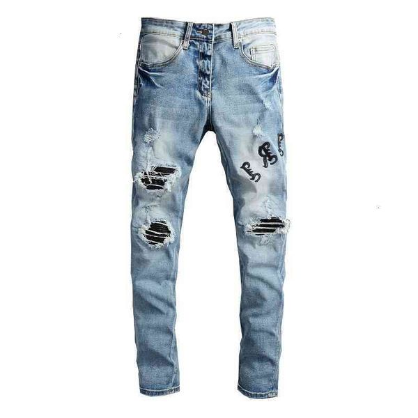 

brand am 679 fashion pierced jeans men's personality pu leather embroidery patch slim fitting small leg, Blue